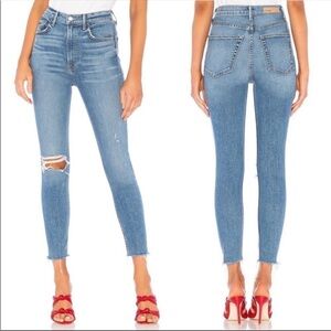 GRLFRND Kendall Stretch Blown Out Knee High Rise Raw Hem Jeans in Amelia Wash 27
